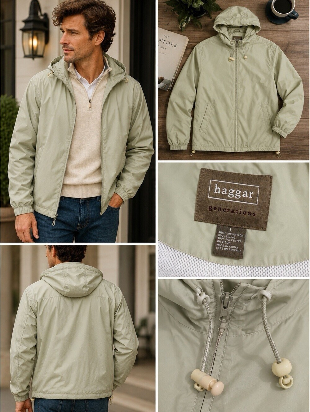Haggar Generations Men’s Large Lightweight Hooded Windbreaker Jacket Sage Green